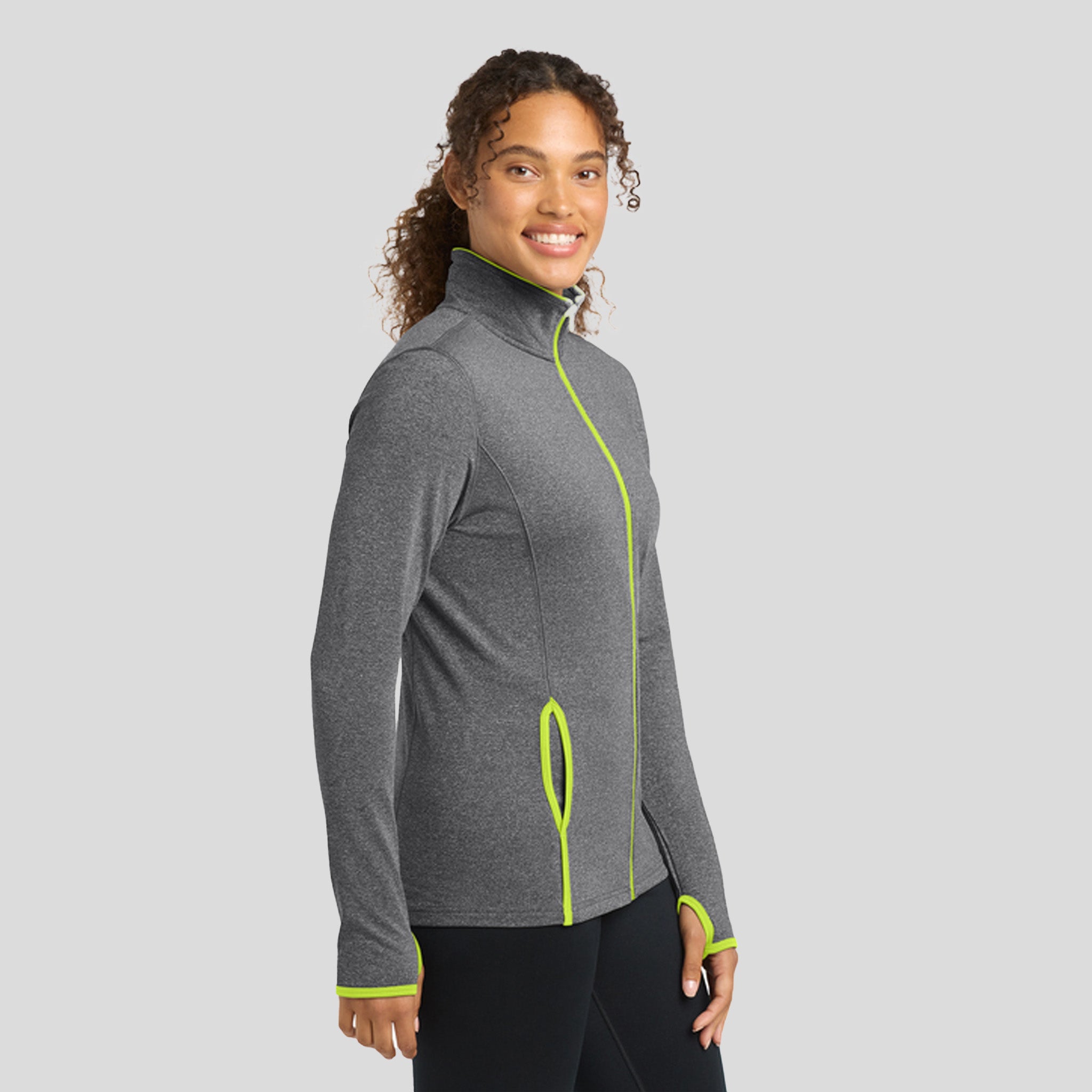 Women's Sport-Wickยฎ Stretch Contrast Full-Zip Jacket | Charcoal Grey Heather/Charge Green