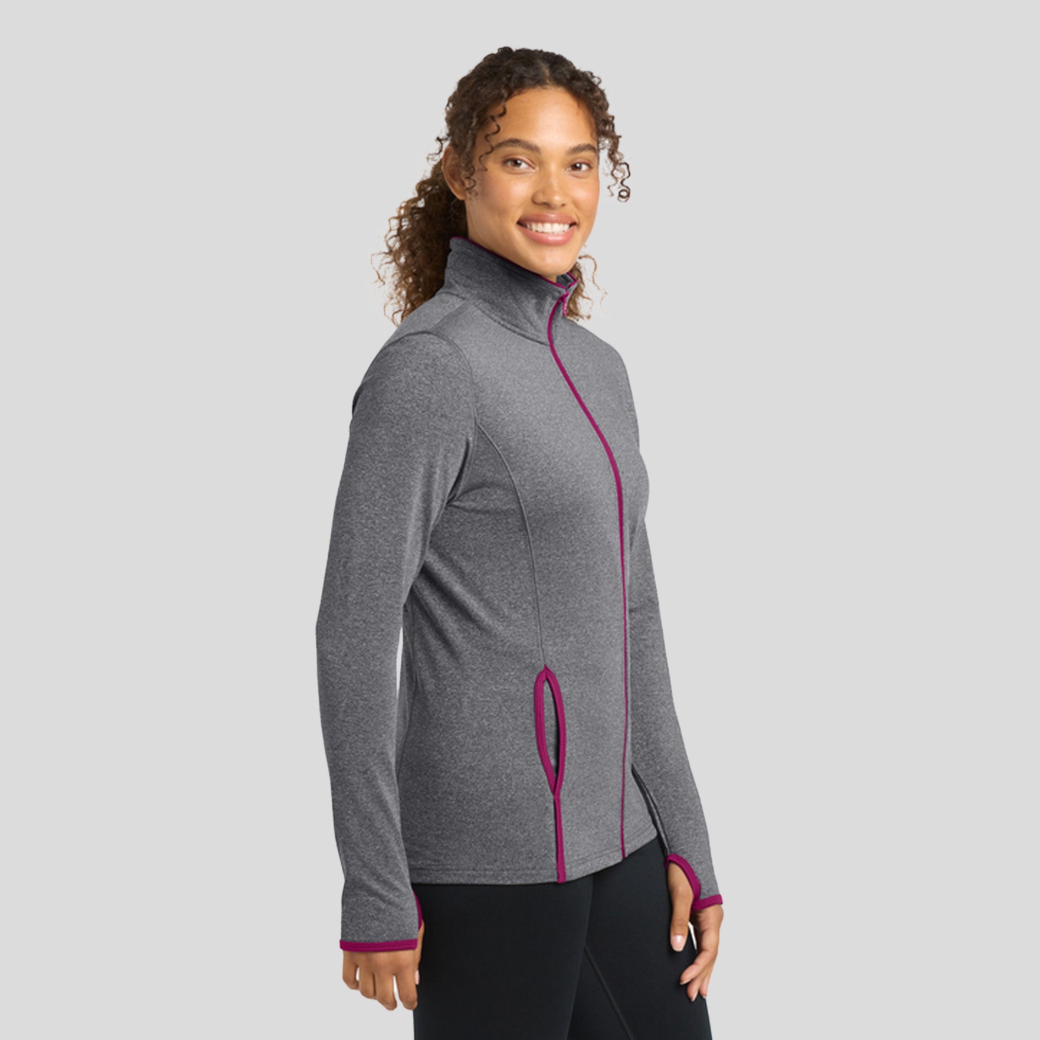 Women's Sport-Wickยฎ Stretch Contrast Full-Zip Jacket | Charcoal Grey Heather/Pink Rush